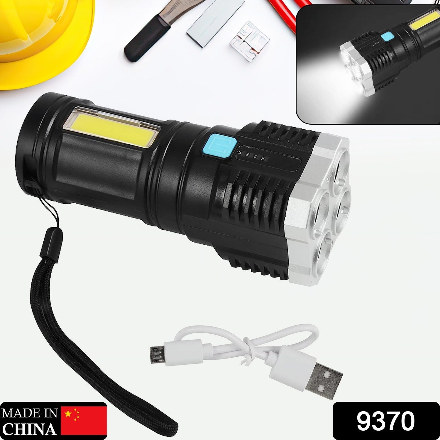 9370 Multifunctional Strong 4 LED Torch Light, Portable Rechargeable Flashlight Long Distance Beam Range 800 Lumens COB Light 4 Mode Emergency for Hiking, Walking, Camping (4 LED Torch) 9370 Multifunctional Strong 4 LED Torch Light, Portable Rechargeable Flashlight Long Distance Beam Range 800 Lumens COB Light 4 Mode Emergency for Hiking, Walking, Camping (4 LED Torch)